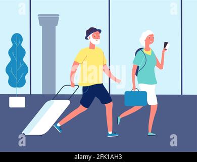 Voyageurs âgés. Couple à l'aéroport avec des valises. Touristes à la gare ou au terminal international. Vieil homme et femme heureux vecteur de style de vie actif Illustration de Vecteur