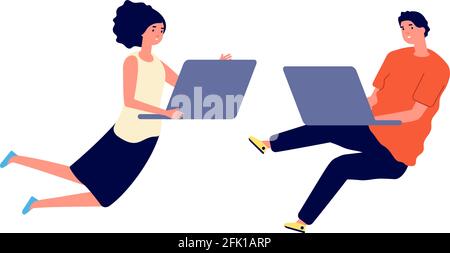 Les gens qui volent travaillent. Flux de travail femme. Inspiration féminine masculine, rêve créatif dans le travail. Illustration vectorielle de la chute d'un commercial dans un processus Illustration de Vecteur