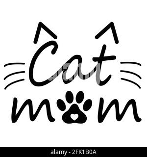 lettrage maman chat avec silhouette de pattes sur fond blanc. signe maman chat. t-shirt motif maman chat. Banque D'Images