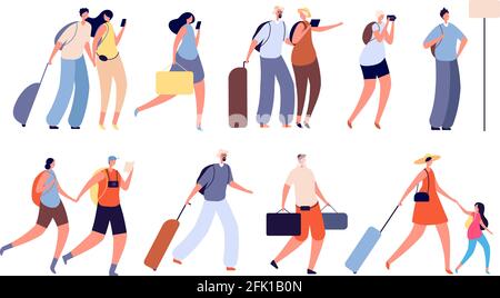 Voyages. Personnages voyageurs, personne avec appareil photo. Isolé adulte et jeune touriste avec des valises. Ensemble de vecteur de vacances homme femme Illustration de Vecteur