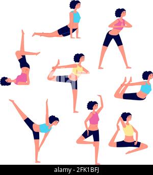 Entraînement de yoga. Exercices d'étirement féminins. Sport différentes poses pour les femmes. L'athlète réchauffe le muscle, active fitness filles personnages vectoriels Illustration de Vecteur