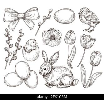 Œufs et poulet. Croquis de pâques vintage. Poussins rustiques dessinés à la main, lapin. Tulipes fleuris printanières, éléments festifs. Ensemble vectoriel de produits agricoles Illustration de Vecteur