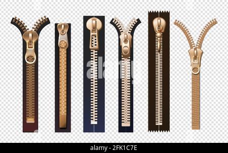 Fermetures éclair dorées. Fixations en métal et en plastique avec poignées. Ensemble vectoriel de composants vestimentaires et d'accessoires de sac à main isolés et réallistiques Illustration de Vecteur