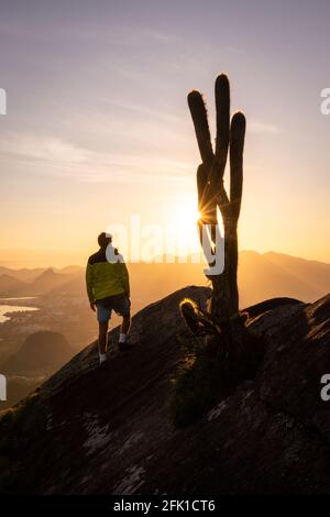 Homme debout sur le bord de la montagne rocheuse à côté de grand cactus au coucher du soleil Banque D'Images