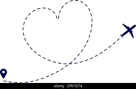 Itinéraire du plan cardiaque. Chemin de l'avion d'amour. Destination aérienne. Une lune de miel charmante et romantique. Illustration du vecteur de vol en pointillé Illustration de Vecteur