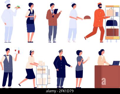 L'équipe de l'hôtel. Personnel travailleur, employé de l'accueil. Le portier du réceptionniste, responsable de l'appartement, est isolé. Personnages vectoriels de service de restaurant Illustration de Vecteur