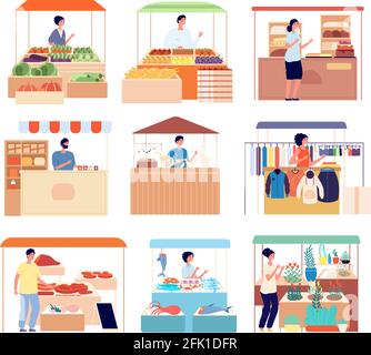 Comptoir de rue. Vendeurs du marché, vendeurs produits frais naturels faits maison. Fruits de mer isolés, légumes miel shopping stand, stands vecteur set Illustration de Vecteur