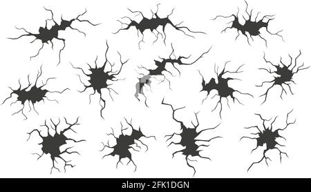 Fissures sèches. Trous de réparation de mur, surface endommagée. Effets de séismes ou d'effondrement de l'électricité. Ensemble de vecteurs de masse en béton fissuré noir Illustration de Vecteur