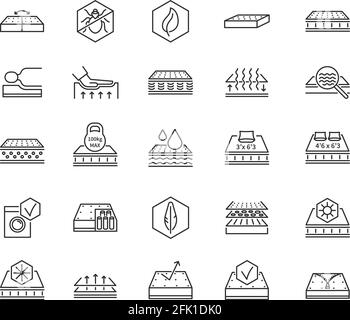 Icônes de matelas. Symboles de mémoire en mousse de latex doux. Matelas de ligne, literie organique naturelle et orthopédique. Ensemble de literie vecteur respirable lavable Illustration de Vecteur