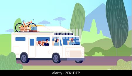 Voyage en famille. Papa mère enfants voyage sur la route dans la cabine de camping. Aventures dans la nature, vacances en voyage. Illustration du vecteur tourisme personnel des voyageurs Illustration de Vecteur