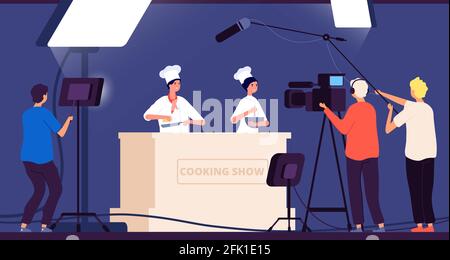 Spectacle de cuisine. Spectacle de chef en direct. Les gens en uniforme cuisent dans la cuisine. Prise de vue à plat avec spots dans l'illustration vectorielle du restaurant Illustration de Vecteur