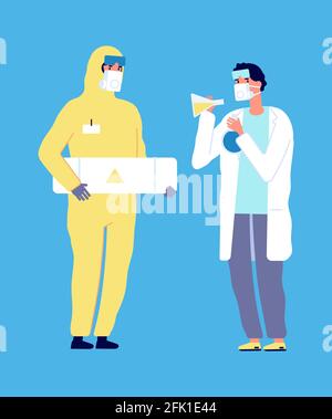 Épidémiologiste et scientifique. Recherche de virus, caractères plats de laboratoire chimique. Homme en costume de protection et docteur en blouse de laboratoire blanche vecteur Illustration de Vecteur