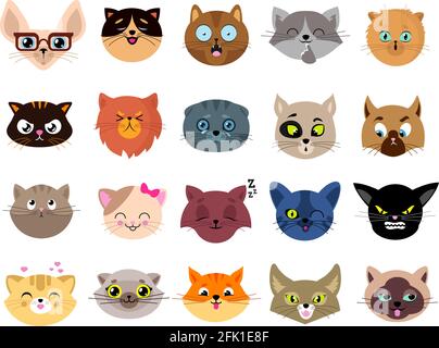 Avatars chats. Faces de chat plates. Têtes de chaton isolées avec les yeux. Animaux personnages émoji amusants, autocollants émoticônes. Un adorable clipart pour animaux doux et douillets Illustration de Vecteur