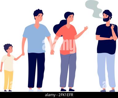 Fumeurs passifs. Un gars qui fume dans un endroit public. Famille avec enfants et homme avec toxicomanie ou dépendance à la nicotine. Illustration du vecteur de mauvaise habitude Illustration de Vecteur