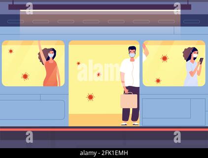 Personnes dans des masques de protection. Protection individuelle, transports et lieux publics. Quarantaine du coronavirus, pandémie mondiale. Homme femme en train prendre Illustration de Vecteur