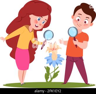 Les enfants regardent les fleurs. Jeune biologiste, leçons de biologie sur la nature. Petite fille de dessin animé isolée avec illustration vectorielle de loupe Illustration de Vecteur