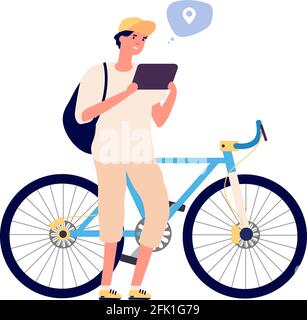 Recherche manuelle navigation gps. Cycliste avec tablette. Isolé plat touriste ou étudiant ou sport garçon caractère. Guy dans l'illustration de scénario de chat en ligne Illustration de Vecteur