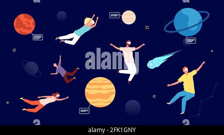 Voyage dans l'univers. Lunettes de réalité virtuelle divertissement, jeu de réalité augmentée d'astronomie. Des personnes de gravité nulle volent dans l'espace avec des planètes Illustration de Vecteur