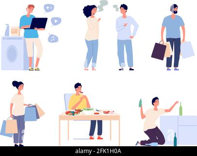 Mauvaises habitudes des adultes. Dépendances différentes, les gens boivent de l'alcool, fumer trop de shopping. Homme isolé femme caractères avec des troubles de comportement ou Illustration de Vecteur