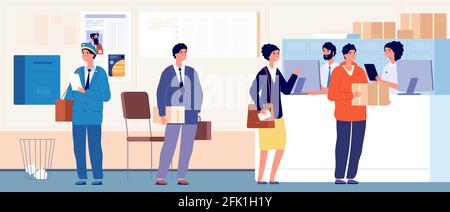 Bureau de poste. Service de courrier, foule les gens avec des boîtes et des lettres. Mettre en file d'attente vers l'expédition, la réception de commande ou l'illustration vectorielle de colis Illustration de Vecteur