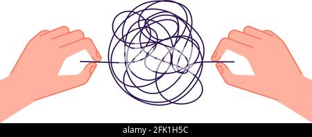 Aide psychothérapie. La métaphore du chaos de l'esprit, la main démêle les fils emmêlés. Traitement des problèmes de psychologie, concept de vecteur de trouble dépressif mental Illustration de Vecteur