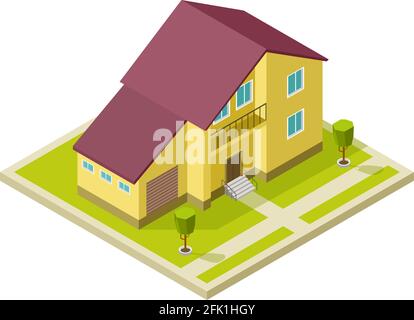 Maison familiale. Extérieur de la maison rurale avec garage. Cottage 3d isométrique isolé, illustration vectorielle de modélisation de bâtiment Illustration de Vecteur