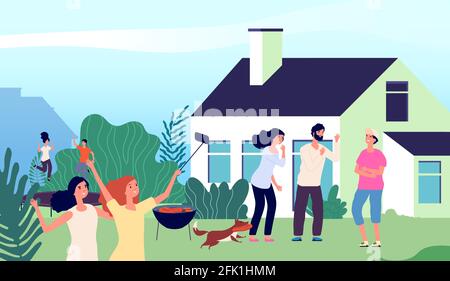 Partie arrière-cour. Les jeunes rient, sautent sur le trampoline et font des photos. Barbecue d'été avec famille et chien. Homme heureux femme célébrer les vacances Illustration de Vecteur