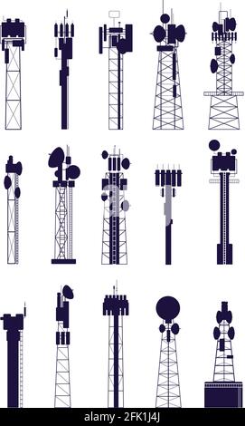 Silhouettes de tour d'antenne. Équipements de communication isolés, constructions de télécommunications radio média. Ensemble de vecteurs de technologie réseau Illustration de Vecteur