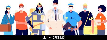 Les travailleurs essentiels et les intervenants de première ligne. Médecin policier pompier service de livraison et volontaire dans les masques de protection. Vecteur de temps de pandémie de virus travaillé Illustration de Vecteur