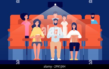 La famille au cinéma. Cinéma de dessin animé, les gens qui regardent le film manger et boire. Public, illustration vectorielle de l'intérieur de la salle de divertissement Illustration de Vecteur