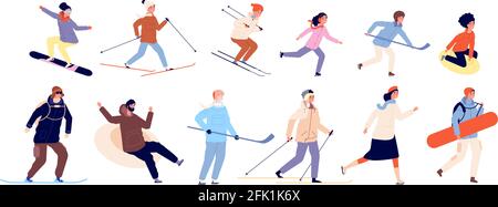 Activités d'hiver avec les enfants. Couples sportifs, vacances de noël. Illustration vectorielle de personnages isolés de ski surf des neiges et de hockey Illustration de Vecteur