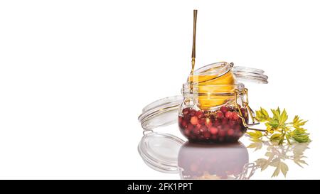 Pots isolés en verre avec canneberges fermentées au miel et citron sur fond blanc avec espace de copie. Remède naturel fait maison pour les rhumes et pour renforcer Banque D'Images