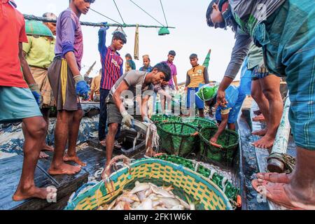 Les pêcheurs sont occupés à vendre du poisson des chalutiers à la pêche de Ghat à Chittagong. Banque D'Images