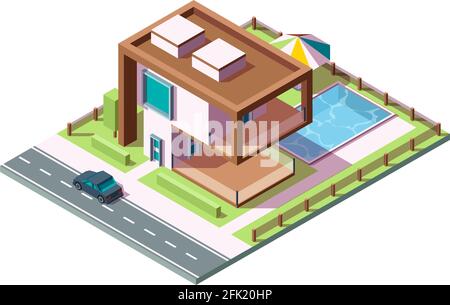 Maison privée moderne. Bâtiment de luxe extérieur résidentiel avec herbe voiture piscine vecteur isométrique maison bas poly 3d Illustration de Vecteur