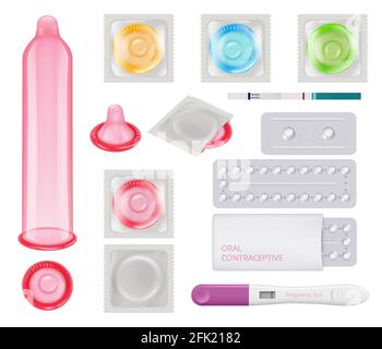 Contraceptif. Condoms femme test de grossesse ovulation calendrier pilules méthodes de contraception vecteur images réalistes Illustration de Vecteur