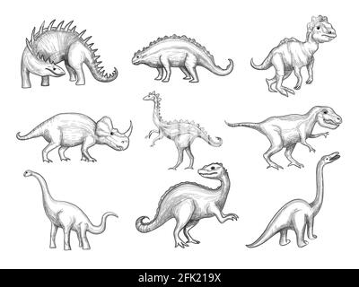 Collection de dinosaures. Extinction animaux sauvages herbivores en colère dans la paléontologie âges vecteur croquis dessins Illustration de Vecteur