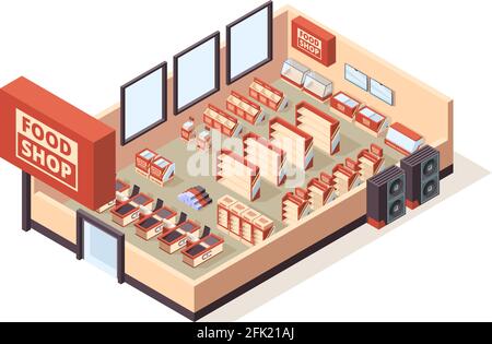 Intérieur de l'épicerie. Supermarché meubles intérieurs tables de caisse étagères produits chariots à provisions vecteur matériel de magasin isométrique Illustration de Vecteur