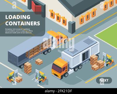 Concept logistique. Entrepôt chargement conteneurs expédition transport détaillants travailleurs suivant la technologie industrielle vecteur isométrique Illustration de Vecteur