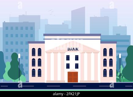 Banque en ville. Paysage urbain d'affaires avec le bureau de construction de banque de conseil centre financier de fond vectoriel Illustration de Vecteur