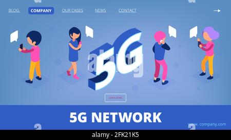 5g isométrique. Page de renvoi du réseau sans fil Vector. Personnages 3D avec smartphones Illustration de Vecteur