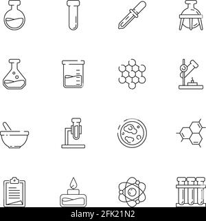 Icône constituant chimique. Science biologie moléculaire tubes à essai de laboratoire béchers collection de symboles linéaires vectoriels Illustration de Vecteur