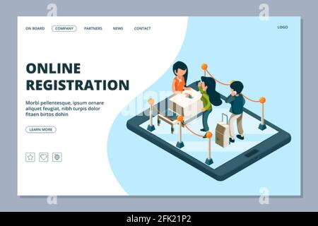 Page d'accueil de l'inscription en ligne. Réception isométrique, passagers avec bagages. Concept de vecteur de services en ligne d'aéroport Illustration de Vecteur