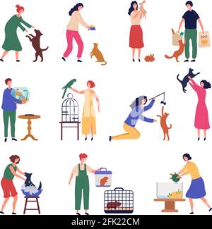 Animaux de compagnie. Faites marcher l'homme et la femme avec les chiens chiots chats animaux domestiques poissons oiseaux vecteur caractères stylisés Illustration de Vecteur