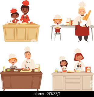 La cuisine des enfants. Chef uniforme faire des aliments avec des adultes cuisiner hommes et femmes professionnels personnages vectoriels Illustration de Vecteur