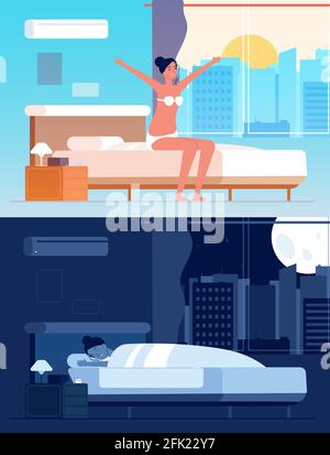 Une fille se réveille. Personnage féminin dormant dans le lit matin réveillant personnage de dessin animé vectoriel Illustration de Vecteur