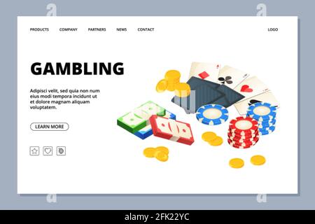 Page Web de jeu. Modèle de bannière de jeux de société isométrique. Argent vectoriel, pièces, cartes. Page d'accueil du Casino Illustration de Vecteur