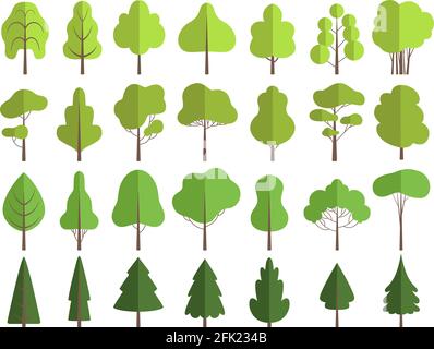 Arbres verts plats. Nature plantes propres formes modelage collection de vecteur isolé Illustration de Vecteur