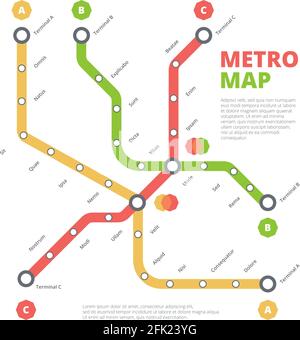 Carte du métro. Ville chemin de fer direction de la route de transport lignes urbaines schéma de couleur vectorielle Illustration de Vecteur