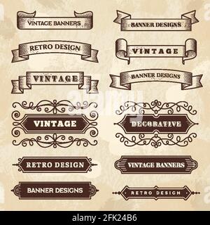 Bannières vintage. Mariage fleur ornement grunge rubans tableau noir textures vecteur style rétro badges Illustration de Vecteur
