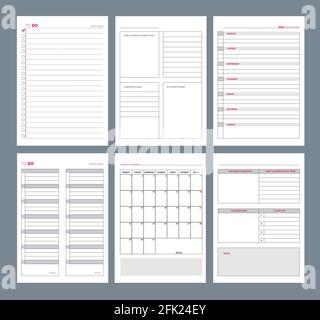 Pages du planificateur. Carnet agenda journal pages verticales modèle objectifs organiseur scénarios Illustration de Vecteur